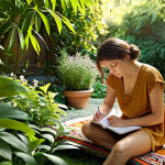 **

A serene scene depicting a person journaling outdoors in a lush garden. Soft, natural light filters through the leaves. Focus on capturing a sense of peace, introspection, and the mind-body connection. Include elements suggestive of healing and nature. Perhaps incorporate subtle symbols related to mental wellness. Style: Impressionistic, with warm color palettes.

**