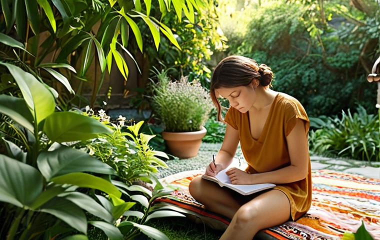 **
A serene scene depicting a person journaling outdoors in a lush garden. Soft, natural light filters through the leaves. Focus on capturing a sense of peace, introspection, and the mind-body connection. Include elements suggestive of healing and nature. Perhaps incorporate subtle symbols related to mental wellness. Style: Impressionistic, with warm color palettes.
**