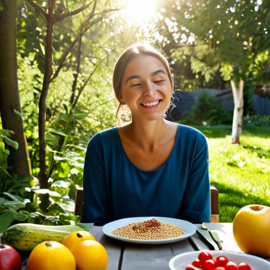 Mindful Eating & Nature**
"A woman sitting at a table outdoors, in a garden setting, fully clothed in modest clothing, enjoying a colorful and healthy meal. Focus on fresh fruits, vegetables, and whole grains. Sunlight dappling through the trees. Serene and peaceful atmosphere. Safe for work, appropriate content, professional quality, perfect anatomy, natural proportions, food photography, family-friendly scene."
**