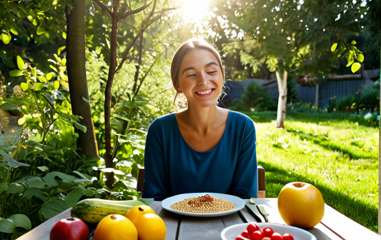 Mindful Eating & Nature**
"A woman sitting at a table outdoors, in a garden setting, fully clothed in modest clothing, enjoying a colorful and healthy meal. Focus on fresh fruits, vegetables, and whole grains. Sunlight dappling through the trees. Serene and peaceful atmosphere. Safe for work, appropriate content, professional quality, perfect anatomy, natural proportions, food photography, family-friendly scene."
**