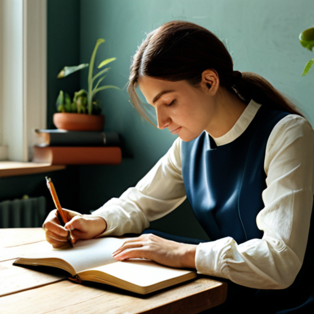 **
"A woman sits comfortably in a sunlit room, journaling in a beautiful leather-bound notebook. She is fully clothed in a modest, flowing dress, perhaps sipping tea. The room is decorated with calming colors and plants. Focus on the peaceful atmosphere and her serene expression. safe for work, appropriate content, fully clothed, professional, modest, perfect anatomy, natural proportions, well-formed hands, proper finger count, natural body proportions, family-friendly."
**
