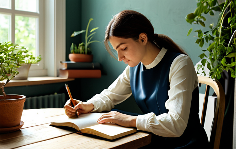 **
"A woman sits comfortably in a sunlit room, journaling in a beautiful leather-bound notebook. She is fully clothed in a modest, flowing dress, perhaps sipping tea. The room is decorated with calming colors and plants. Focus on the peaceful atmosphere and her serene expression. safe for work, appropriate content, fully clothed, professional, modest, perfect anatomy, natural proportions, well-formed hands, proper finger count, natural body proportions, family-friendly."
**