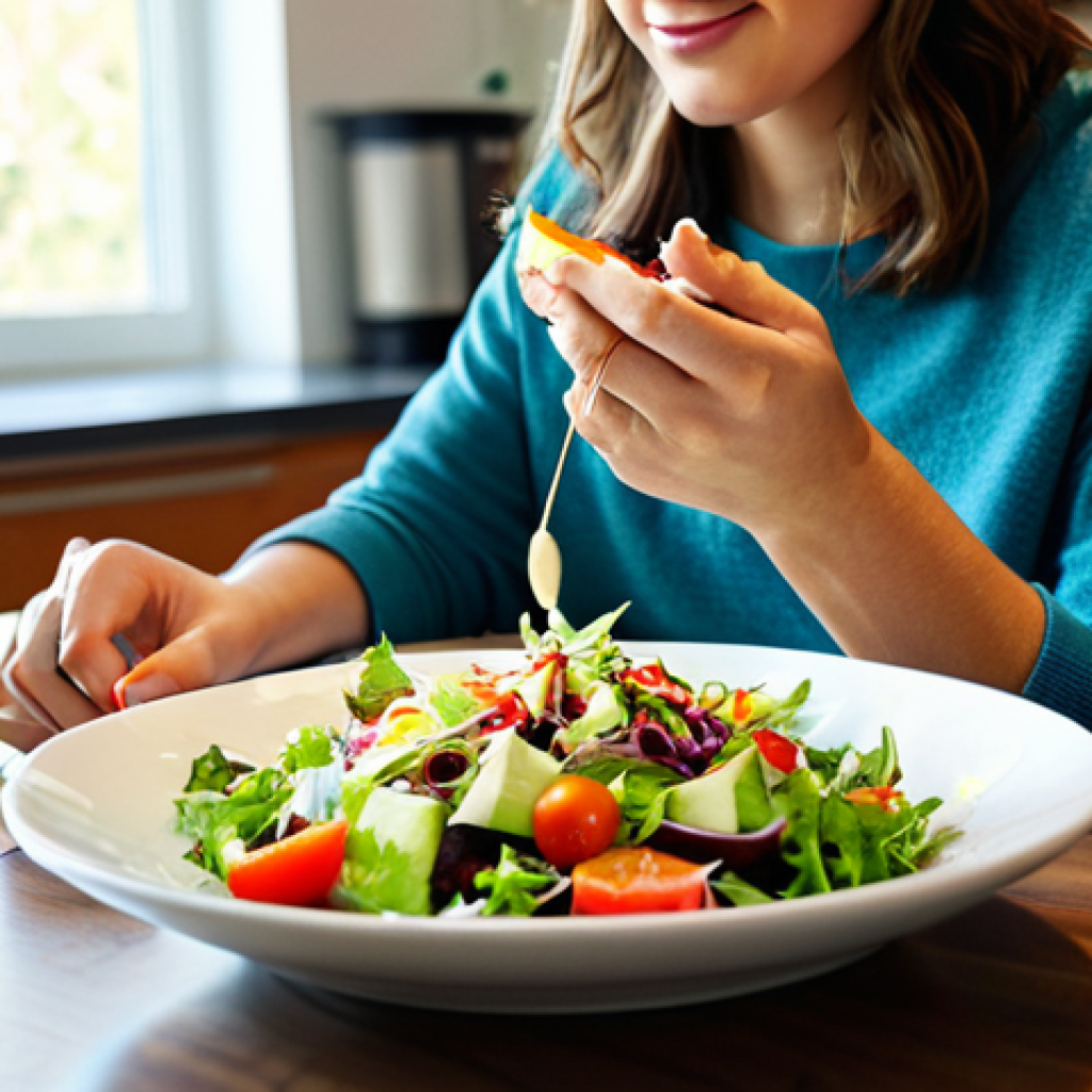 내러티브 건강법과 사회적 연결의 힘 - Mindful Eating**
"A woman sitting at a table in a sunlit kitchen, mindfully eating a colorful salad...