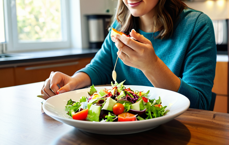 내러티브 건강법과 사회적 연결의 힘 - Mindful Eating**
"A woman sitting at a table in a sunlit kitchen, mindfully eating a colorful salad...