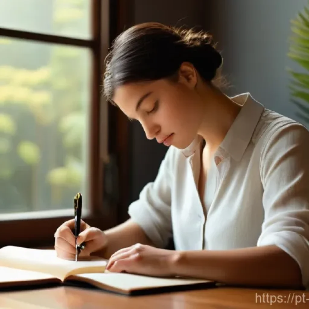 내러티브 건강법의 문화적 적용 사례 - **A serene young woman, in her late 20s, sits comfortably at a polished wooden desk, bathed in the s...