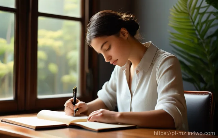 내러티브 건강법의 문화적 적용 사례 - **A serene young woman, in her late 20s, sits comfortably at a polished wooden desk, bathed in the s...