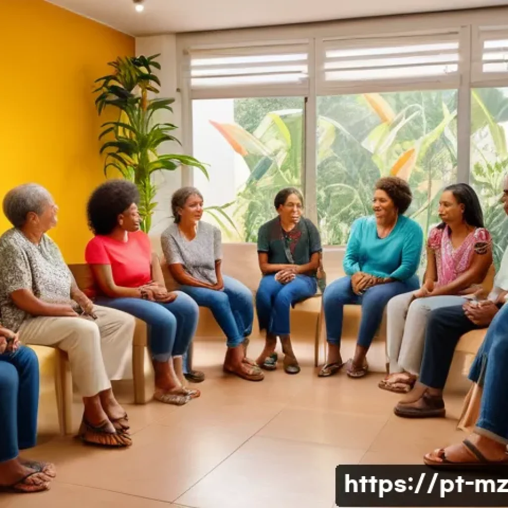 내러티브 건강법 세미나 참여하기 - A warm, inviting therapy room in Brazil with diverse adults sitting in a supportive group circle, sh...