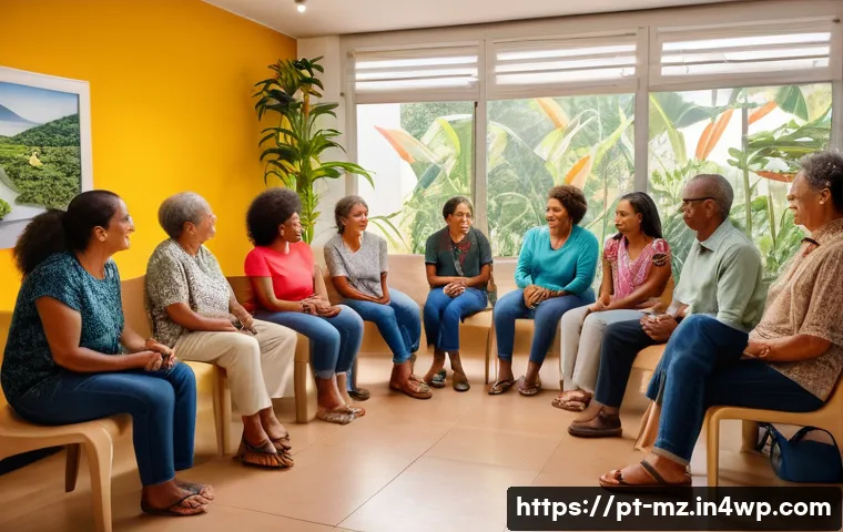 내러티브 건강법 세미나 참여하기 - A warm, inviting therapy room in Brazil with diverse adults sitting in a supportive group circle, sh...