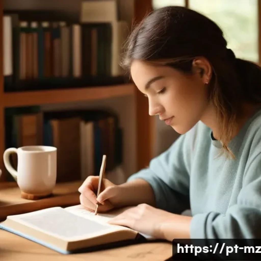 내러티브 건강법을 통한 비전 설정 - A serene and cozy indoor scene featuring a young adult woman sitting at a wooden desk by a large win...
