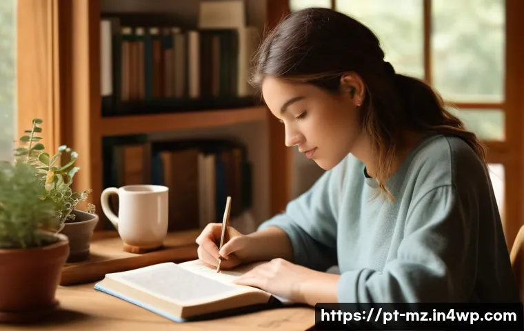 내러티브 건강법을 통한 비전 설정 - A serene and cozy indoor scene featuring a young adult woman sitting at a wooden desk by a large win...