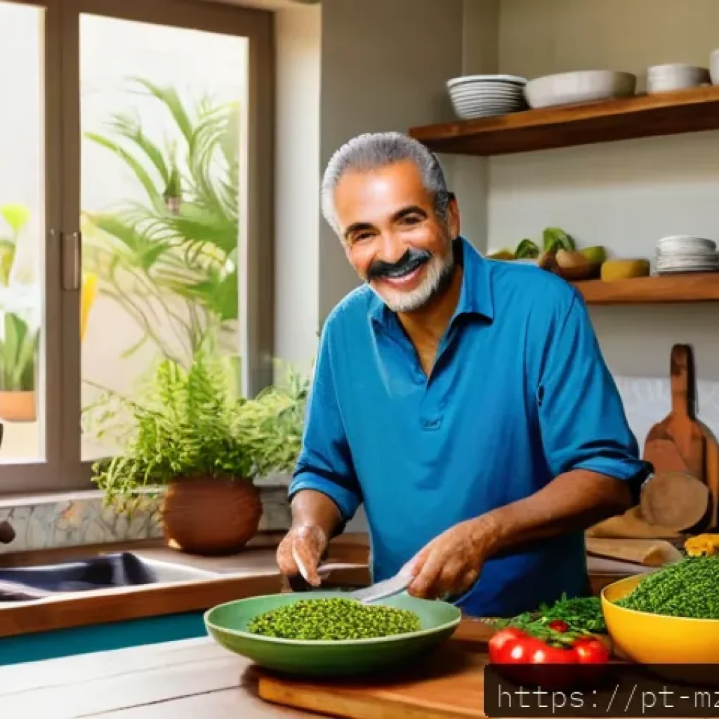 내러티브 건강법의 경제적 측면 - A cozy kitchen scene featuring a middle-aged Brazilian man preparing healthy homemade meals with fre...