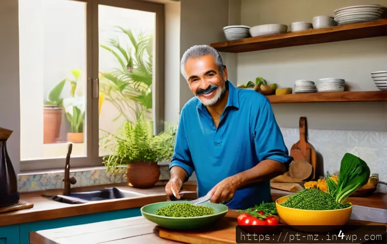 내러티브 건강법의 경제적 측면 - A cozy kitchen scene featuring a middle-aged Brazilian man preparing healthy homemade meals with fre...