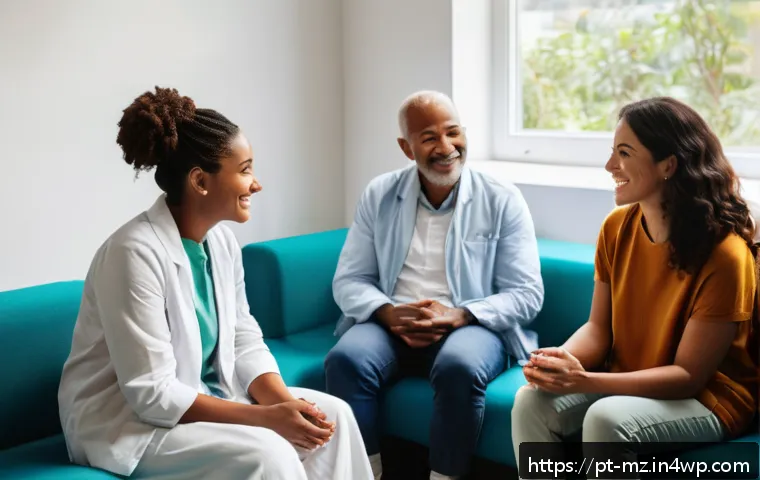 내러티브 건강법에 대한 최신 연구 동향 - A diverse group of adult patients sitting in a cozy, well-lit therapy room, sharing personal health ...