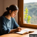 Home 21 내러티브 건강법과 자아 존중감 증진 - A serene and cozy indoor scene showing a young adult woman sitting comfortably at a wooden desk by a...