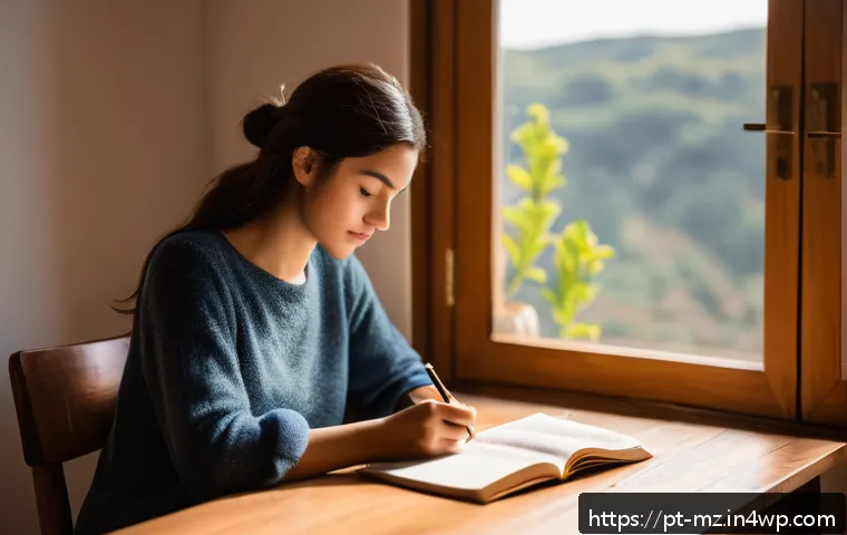 내러티브 건강법과 자아 존중감 증진 - A serene and cozy indoor scene showing a young adult woman sitting comfortably at a wooden desk by a...