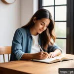 Home 19 내러티브 건강법의 실습 과정 - A serene and cozy home office scene depicting a young adult woman practicing mindful journaling at a...
