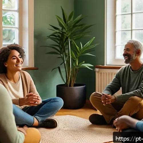 Home 30 내러티브 건강법의 이론 및 실제 - A diverse group of adults sitting in a cozy, warmly lit support circle in a community center, sharin...
