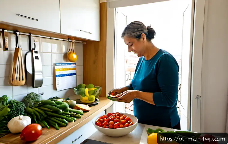 Home 17 내러티브 건강법의 목표 지향적 접근 - Photorealistic middle-aged Portuguese woman in a bright Lisbon apartment kitchen, thoughtfully arran...